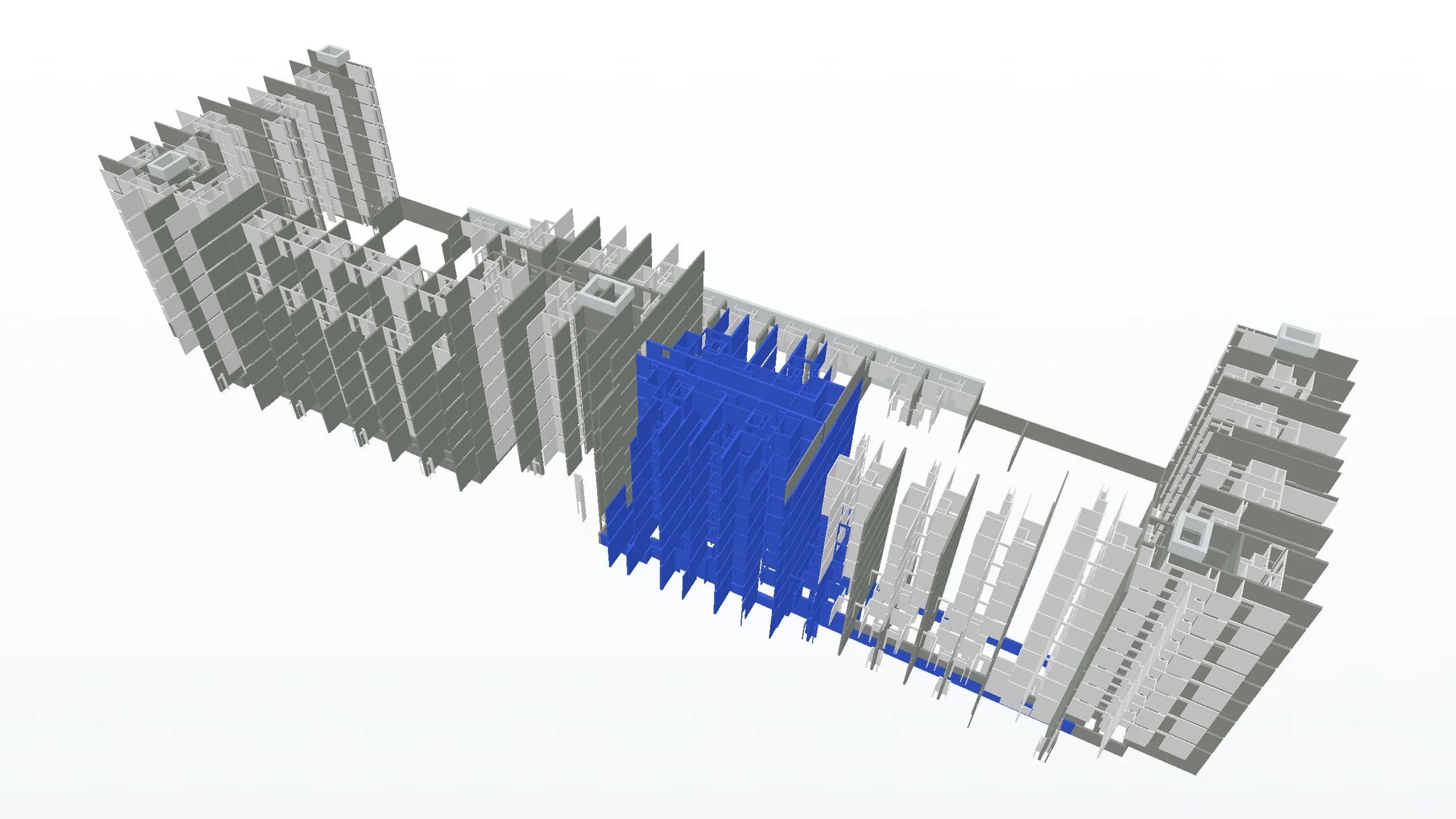 Het betoncasco van een gebouw in Factor10 Calculatie, met een geselecteerd deel van de wanden in blauw.