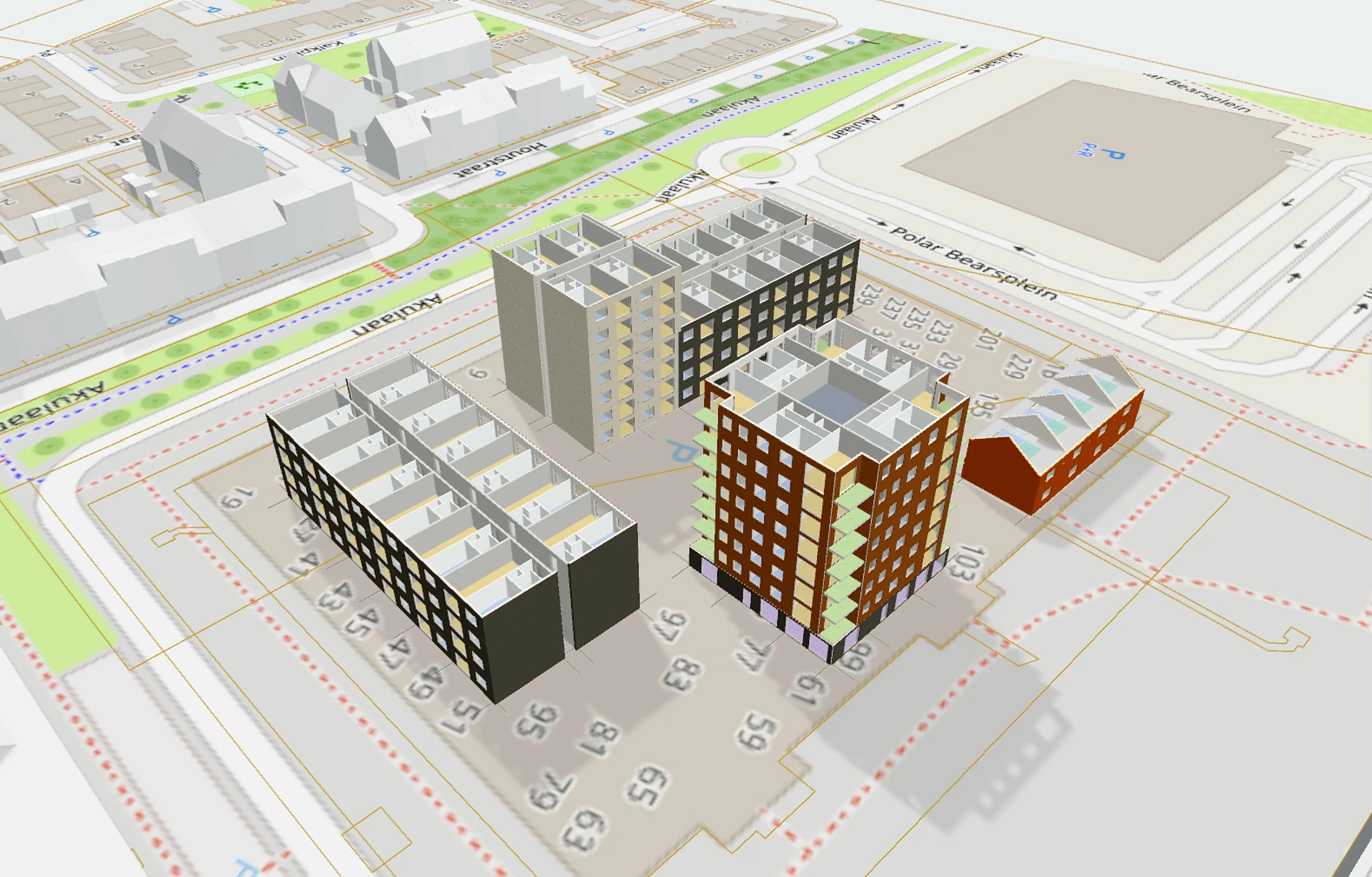 Een configurator van Factor10 Ontwerp & engineering: meerdere gebouwen met verschillende gevels en plattegronden ontworpen op een locatie, met de straten en bebouwing eromheen.